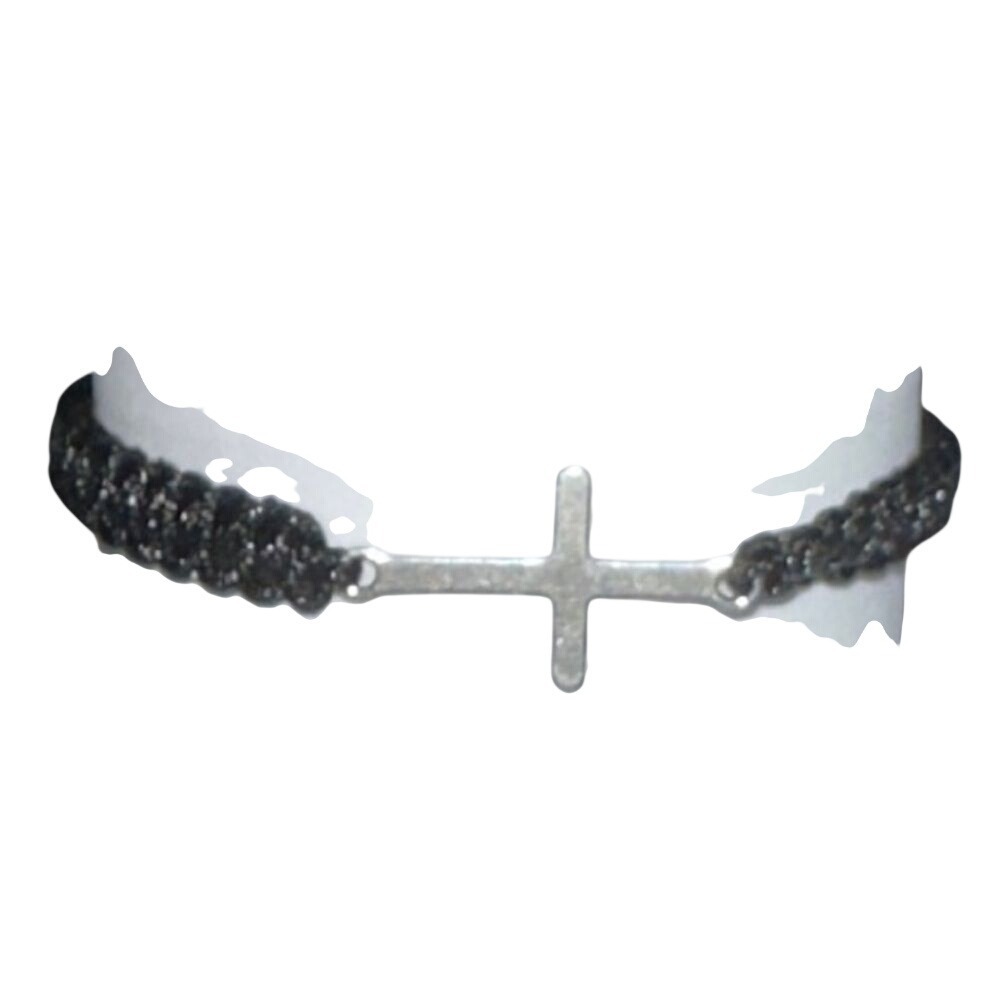 Black Macrame Sideways Cross Bracelet Adjustable Woven Cord Religious Jewelry